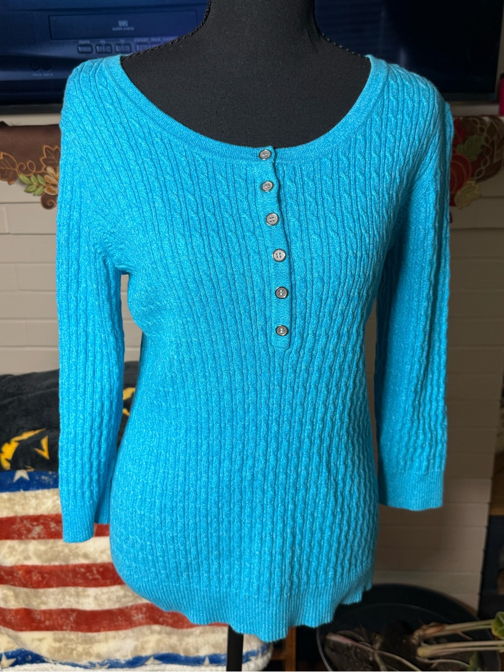 Blue Cable-Knit Henley Sweater - Women
